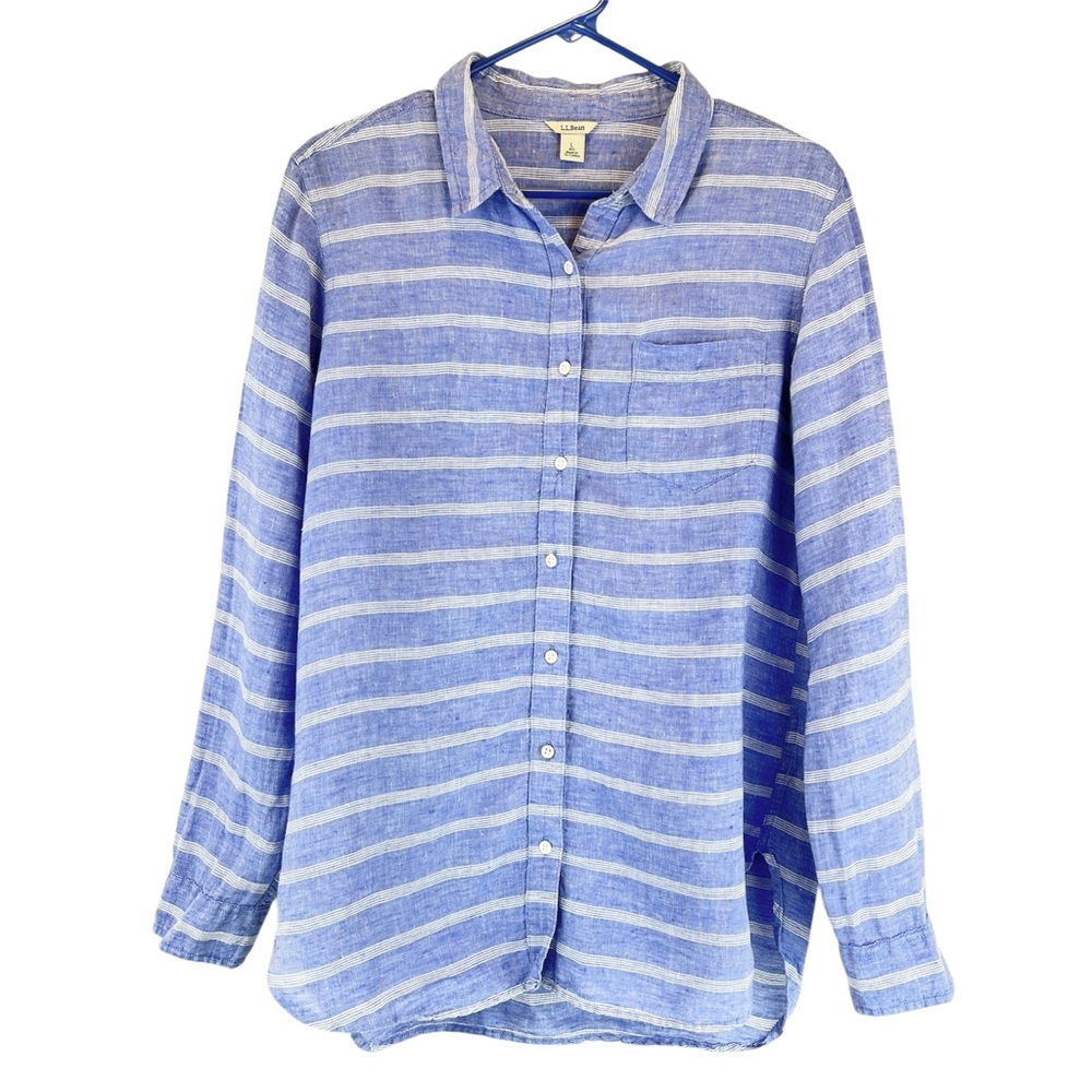 L.L. Bean Blue White Striped 100% Linen Button Up Shirt‎ Sz L